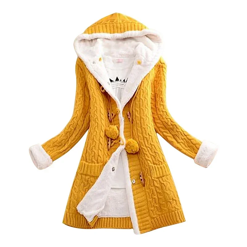 Lady Winter Hooded Fleece Liner Cardigan Solid Knitted Sweater Coat Women Thick Warm Long Sleeve Knit Weave Long Jacket Tops New