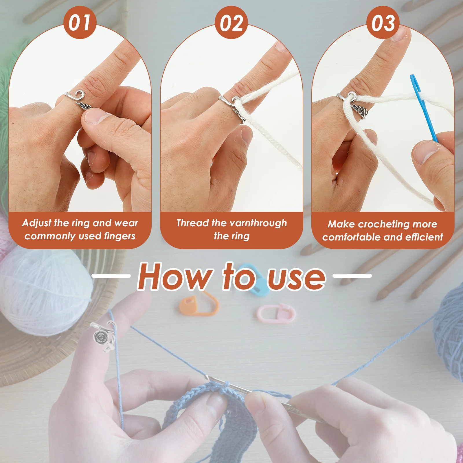 Crochet Tension Rings Zinc Alloy Needles Markers Comfortable to Wear Sewing Needles Adjustable Open Crochet Rings for DIY