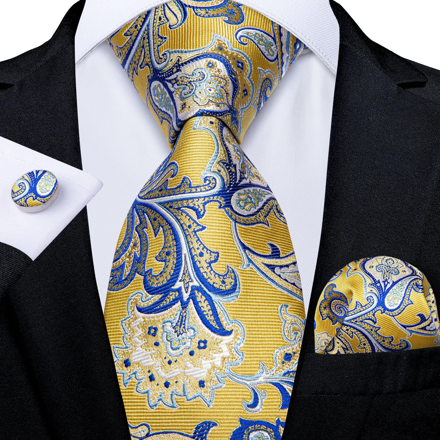 DiBanGu Mens Necktie Gold Yellow Blue Paisley Silk Wedding Tie For Men Tie Hanky Cufflink Set Business Party neck tie
