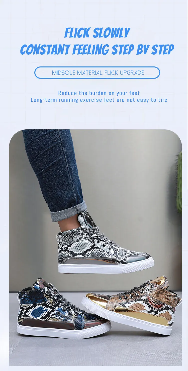 Description Picture 6 of itemNew Golden Snake Pattern Leather Man Skateboard Shoes Light Original Men's Skate Shoe High-top Zipper Design Male Casual Sneaker