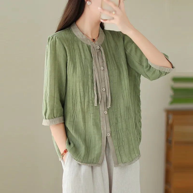 

Женская летняя повседневная рубашка, Новое поступление 2024, однотонные свободные женские топы в винтажном стиле из хлопка и льна с рукавом до локтя, рубашки B3586