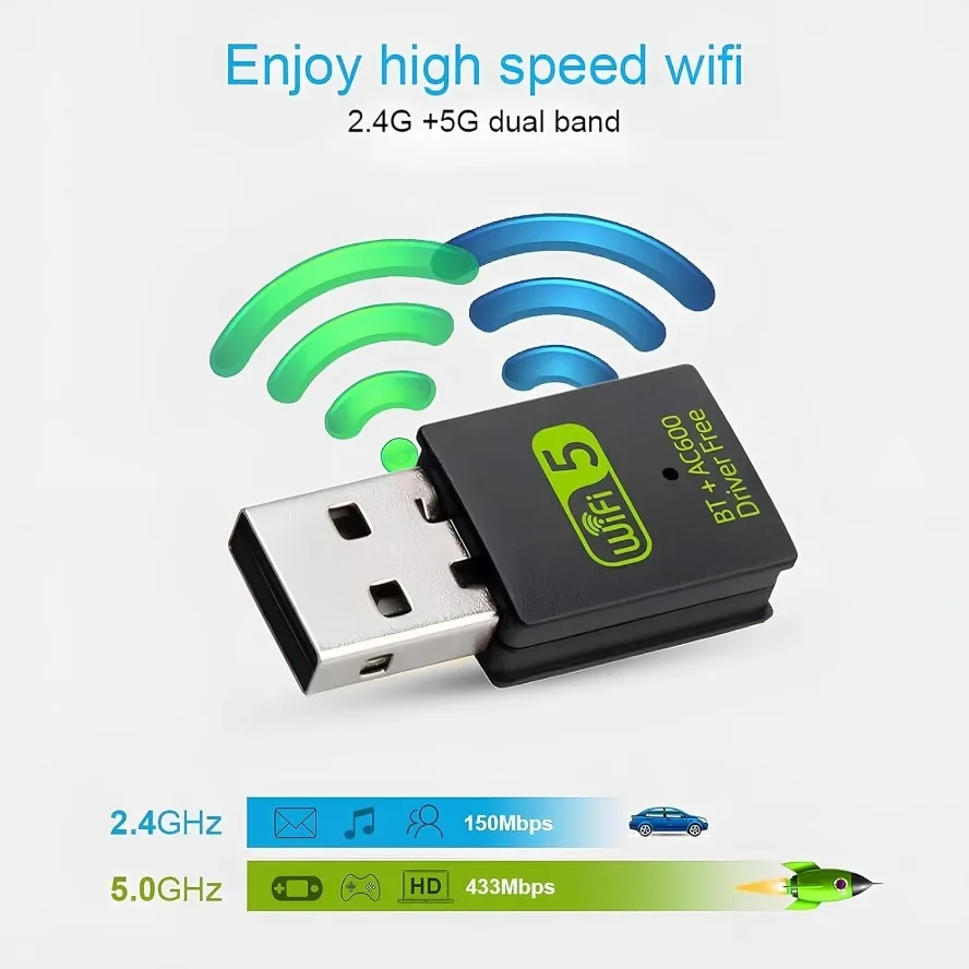 600M 2-In-1 USB WiFi 블루투스 어댑터 듀얼 밴드 USB 무선 카드 2.4G/5.8G 데스크탑/노트북 Wifi 어댑터 드라이버 무료 고속