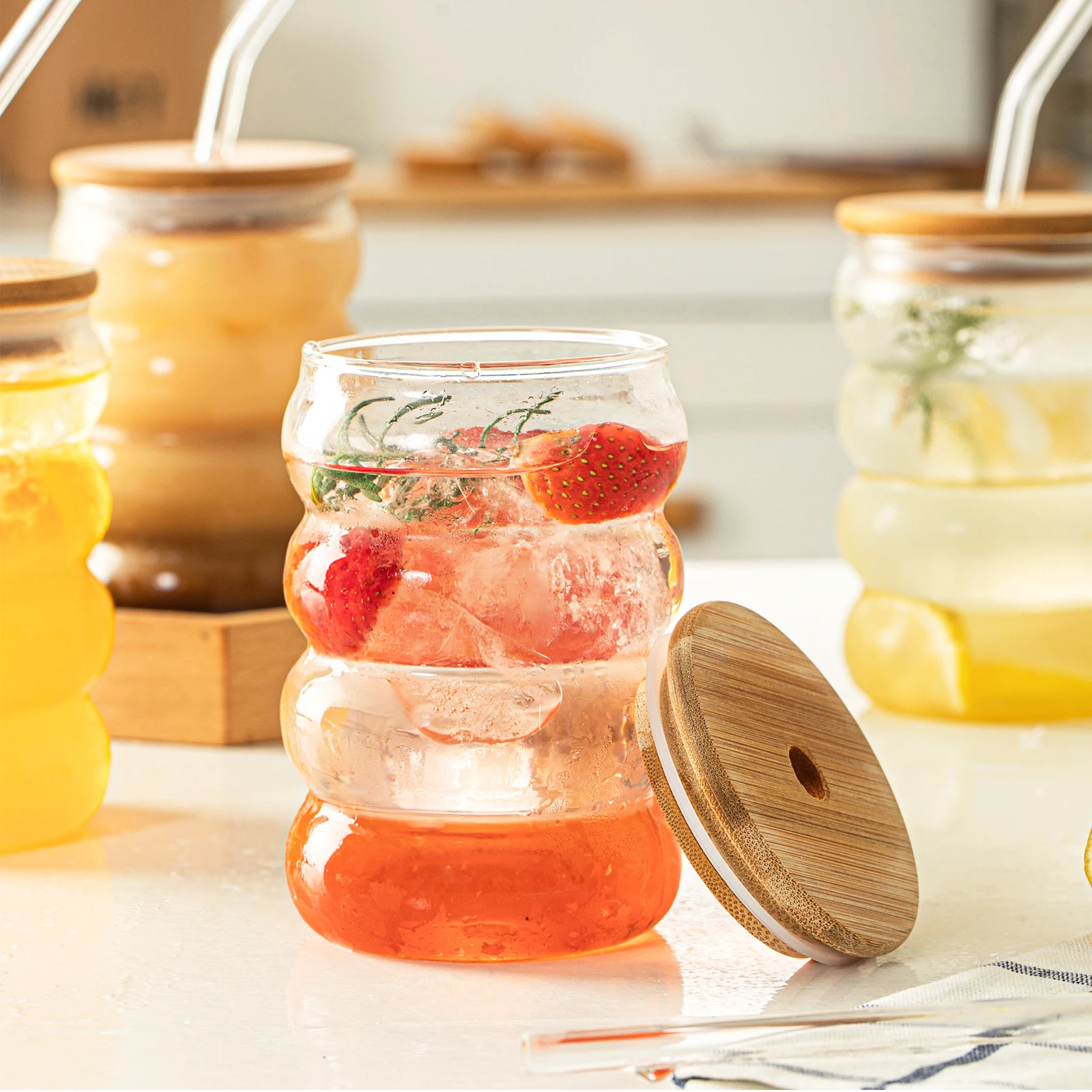 Creative Glass Cup Glass Cup with Lid Straw Heat-resistant Wave Cup Beer Juice Ice Coffee Cups Cocktail Fruit Bubble Glass Drinkware 4PCS