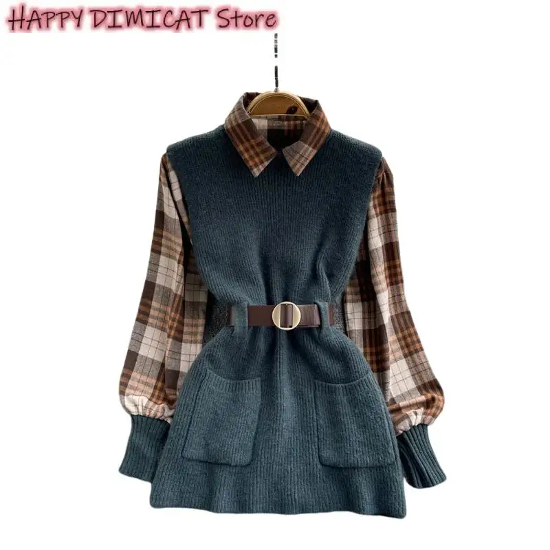 Womens Shirts Sets Autumn Winter Knitted Vest Two 2 Piece Set Women Long Sleeve Plaid Shirt Sleeveless Sweater Tops Suits