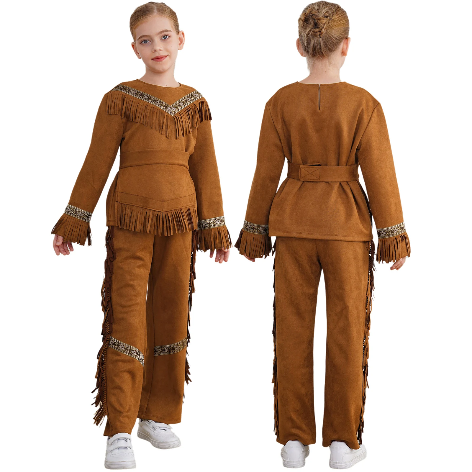 thumbnail image 1 of Traje nativo para niños, Top de manga larga con pantalones y conjunto de cintura, traje indígena, traje con flecos para niños indios, disfraz de Cosplay, 1 of 5