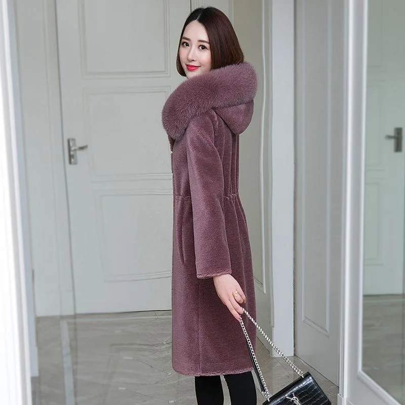 Winter New 2023 Women Faux Fox Fur Collar Fur Coat Mid-Length Lamb Wool Hooded Outwear Female Fashion Thicken Warm Casual Parkas