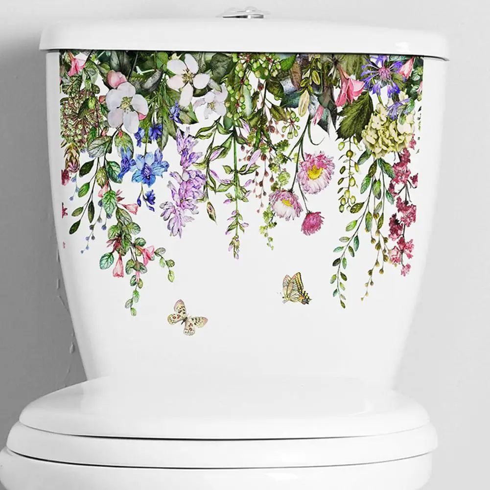 Wall Stickers Toilet Stickers Green Plant Leaves Flowers Toilet Stickers Waterproof Self-Adhesive Toilet Lid Stickers Wall Decals Cover for Bathroom