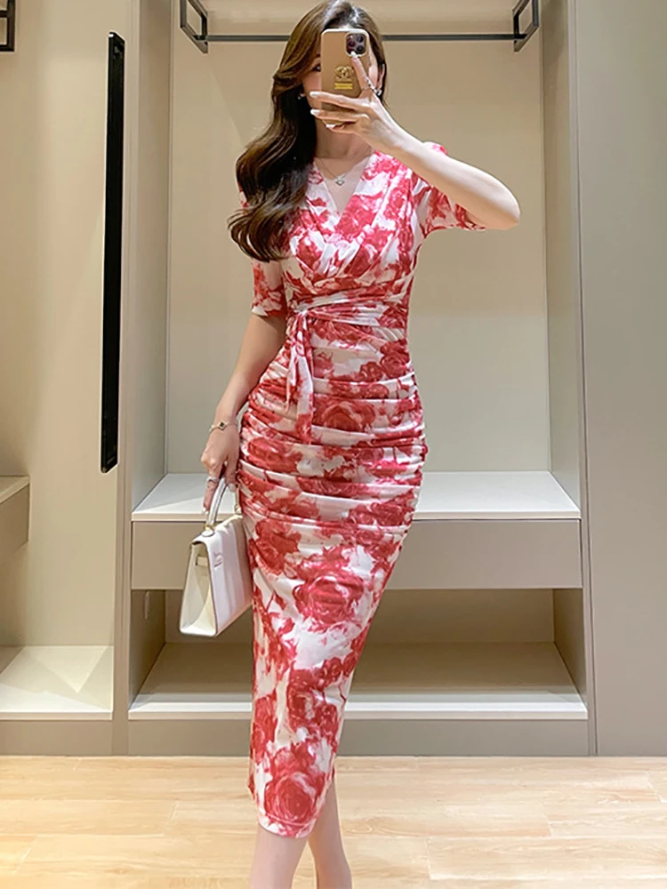 Midi Dress Korean Beach Dress Women Red Floral Mesh Bow