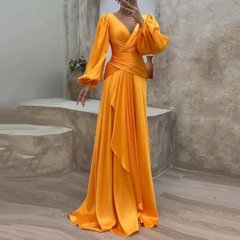 

Women Cross Waist Fold Long Sleeve Hem Maxi Dress Luxury Lady V-Neck Waist Party Dress Elegant Lantern Sleeve Ruffle Satin Dress