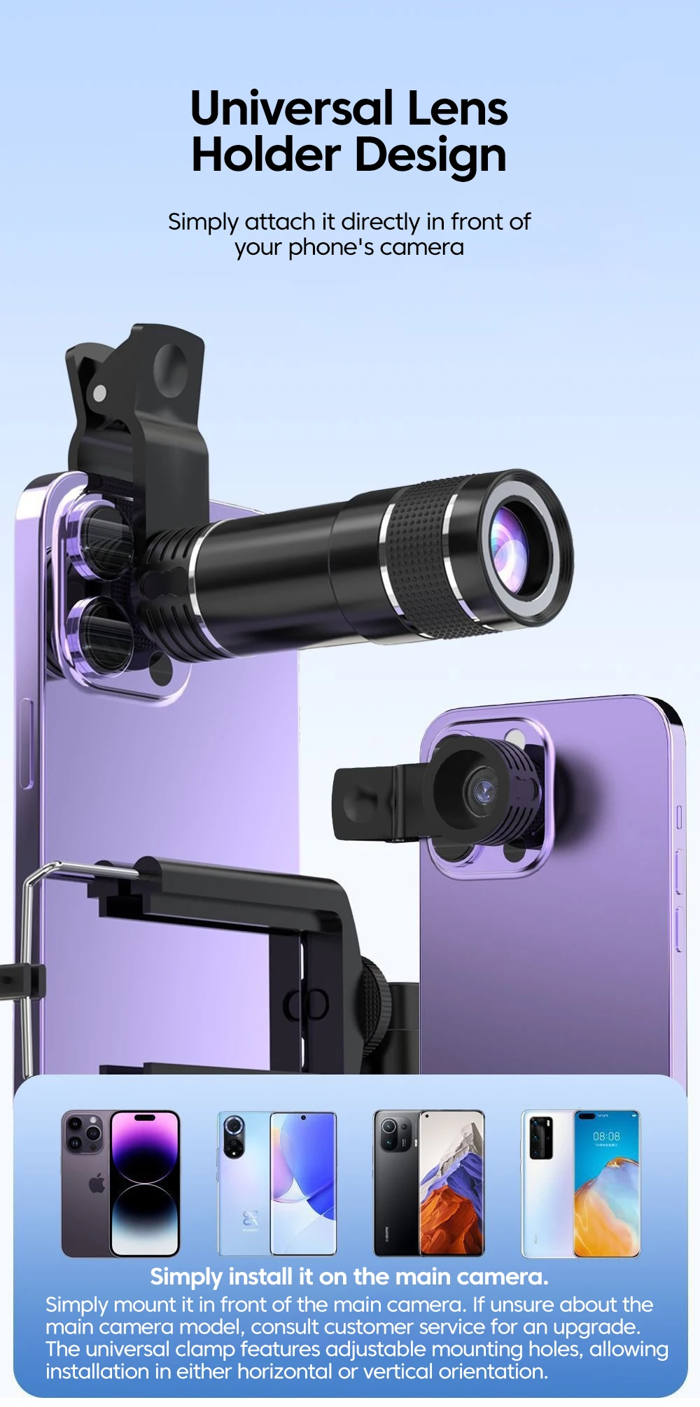 20x Mobile Phone Telephoto Lens Portable Adjustable Focal Length External Camera Cellphone Universal Clip-on Shooting Accessorie
