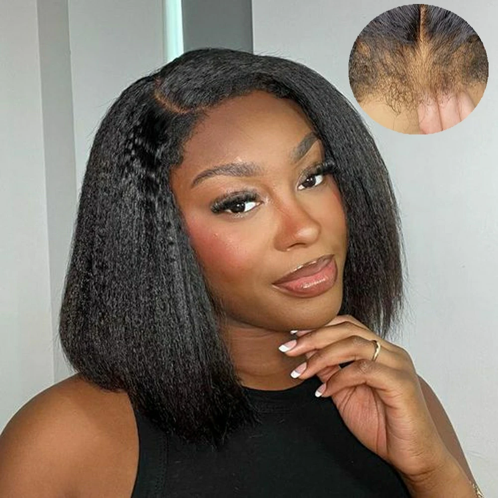 

Kinky 4C Edges Hairline Short Bob Wigs Human Hair 180% Density Kinky Straight 4X4 HD Lace Closure Wig PrePluck With Baby Hair