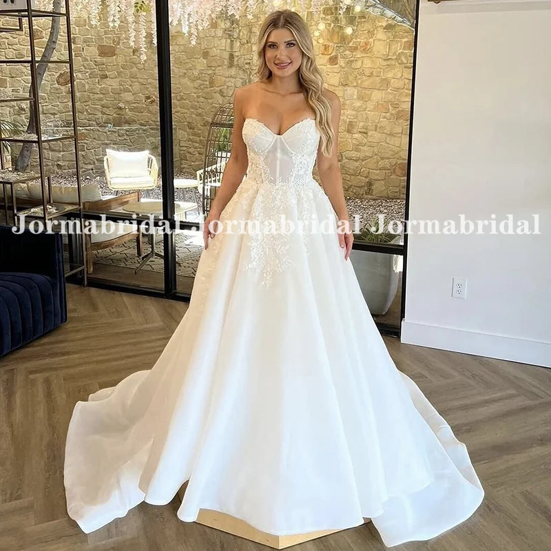 

Classic Sweetheart Neck Wedding Dress Elbise Illusion Corset Bodice Exposed Boning A-line Country Bridal Gowns فستان زفاف مفصل