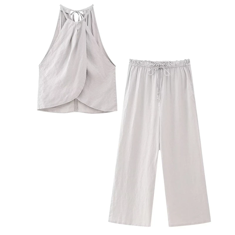

2023 Summer New Sexy Backless Linen Hanging Neck Slim Top Elastic Waist Tie Wide Leg Pants Casual Fashion Suit Women's