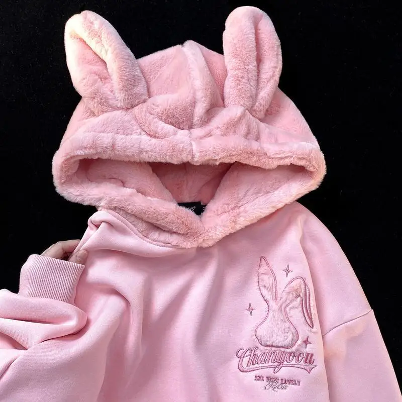 

Корейский милый флисовый толстовка с капюшоном с кроличьими ушками толстовка с мультяшной вышивкой для подростков Свободная Повседневная плотная зимняя одежда в стиле Харадзюку