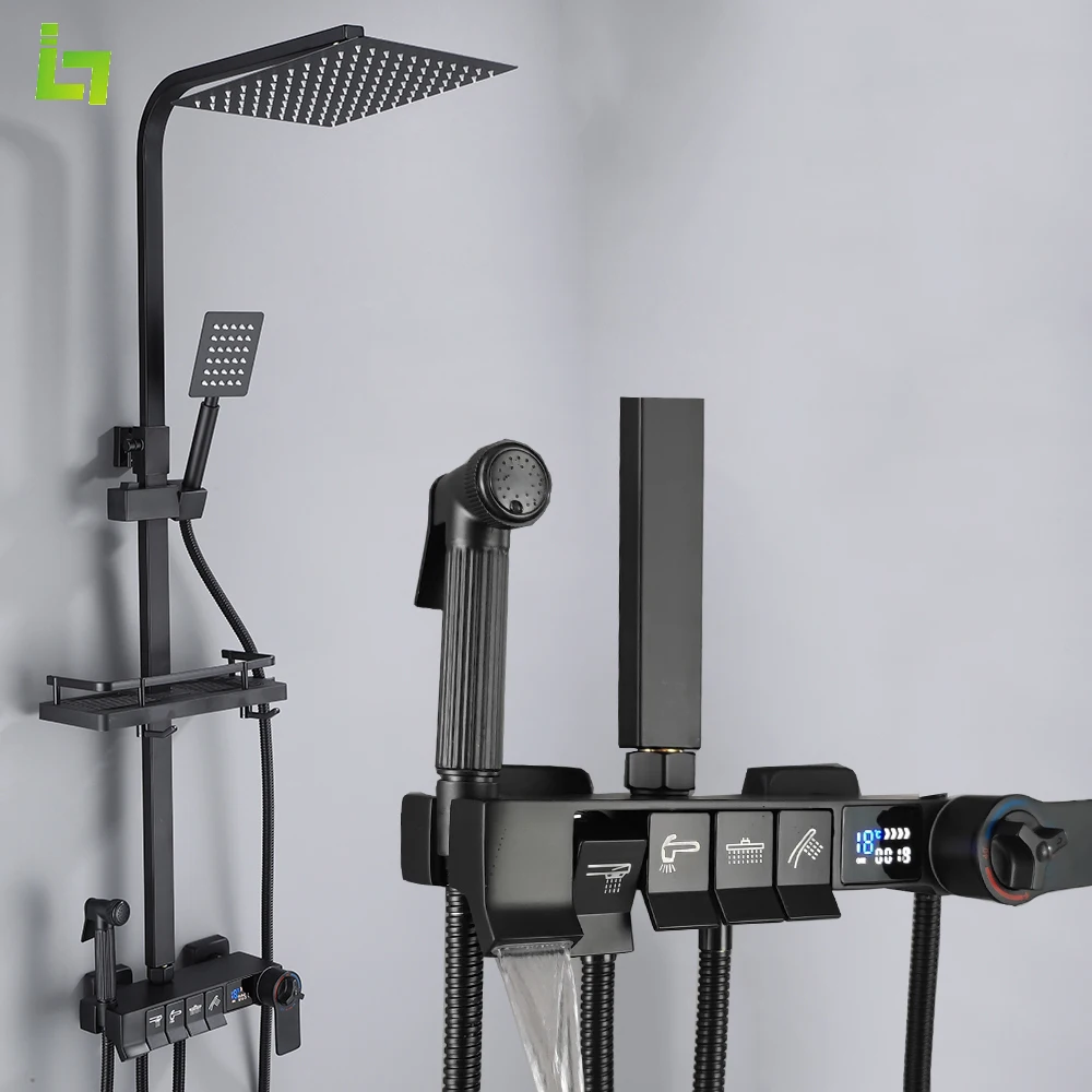 

Display Thermostatic Black Shower Faucet Set Piano Rainfall Bathtub Tap With Bathroom Shelf Water Flow Produces Electricity