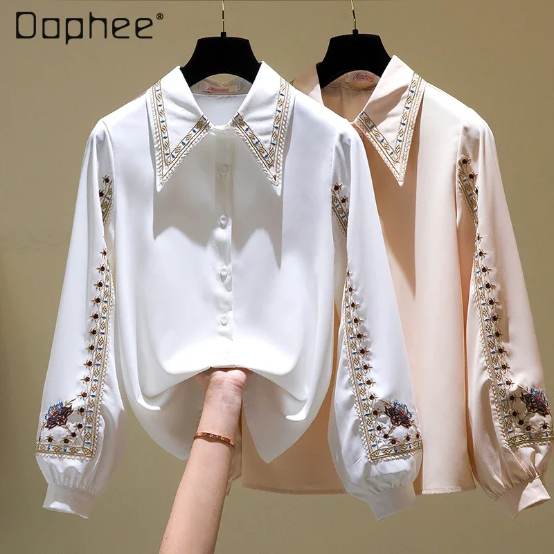 Women's Spring Doll Collar Embroidered Straight Long Sleeve Shirt 2023 New Lady White Polo Collar Fleece-Lined Bishop Sleeve Top