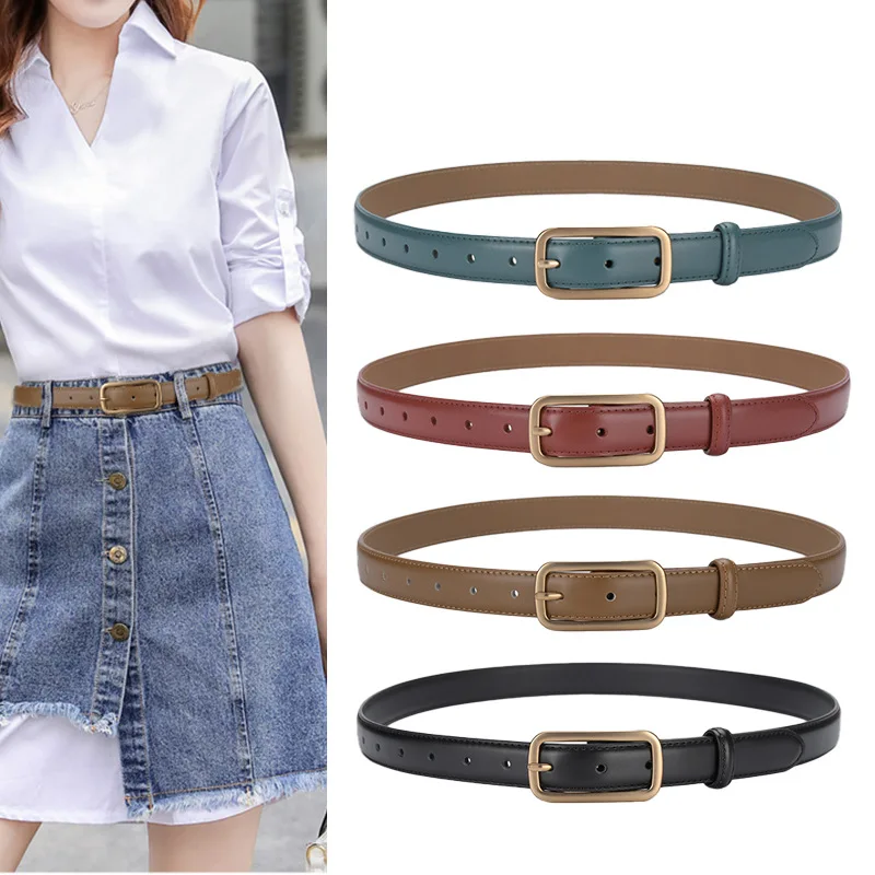 

Vintage Leather Belt Female Jeans Decorative Versatile Casual Cowhide Belt Solid Colour Square Buckle Student Belt 2.3cm