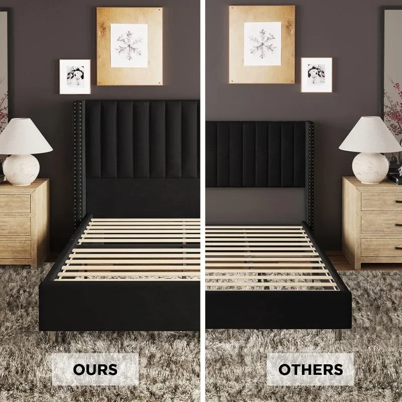 Description Picture 6 of itemQueen Size Bed Frame Upholstered Platform Bed with Tall Headboard Wingback Velvet Vertical Channel Tufted Easy Assembly Black