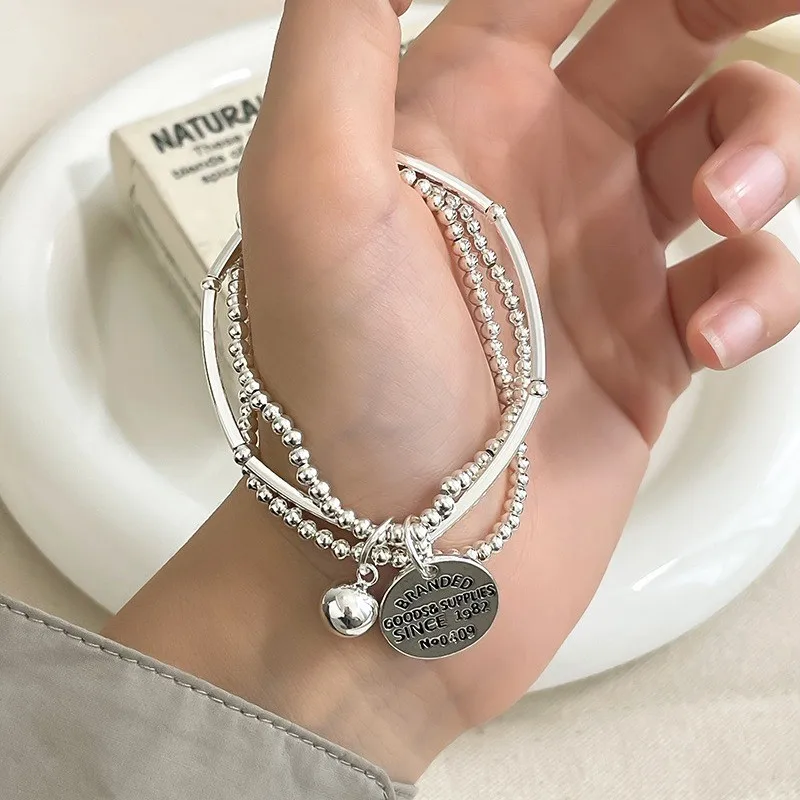 Silver Color Triple Layers Stacked Round Pendant Bracelet for Women Fashion Beads Ball Charm Chain Girls Party Jewelry Present