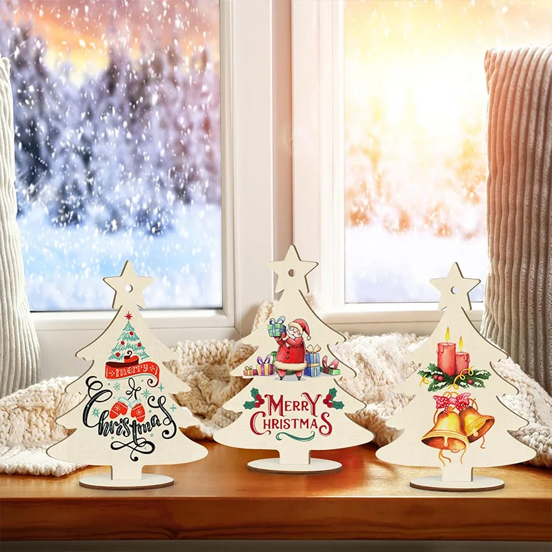 5-20pcs Unfinished Christmas Tree Ornaments with Wooden Base Ropes Kids Painting Crafts DIY Blank Xmas Tree Sign Home Decoration