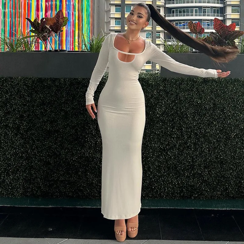 

Office Lady Bodycon Midi Dress for Women Solid Color U-neck Long Sleeve High Waist Cut Out Sexy Dress Streetwear Party Dresses