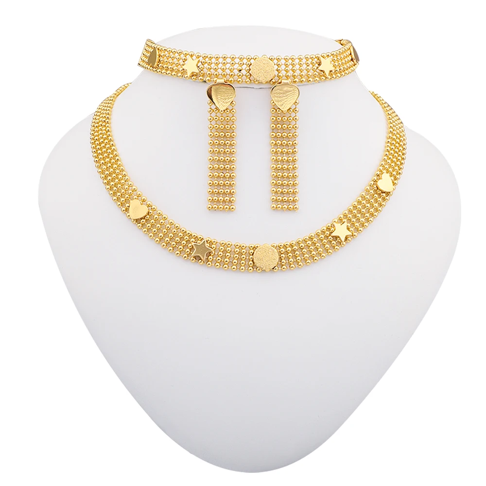 

French New Love Circle Star Pattern Decoration Wide Necklace Earrings Bracelet Set Exquisite and Elegant Wedding Party Gift
