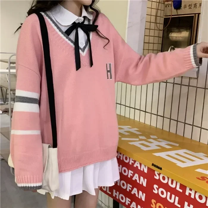 Japanese School Uniform Preppy Style Sweater Women Autumn New Korean Fashion Loose Simple V-neck Casual School Sweater