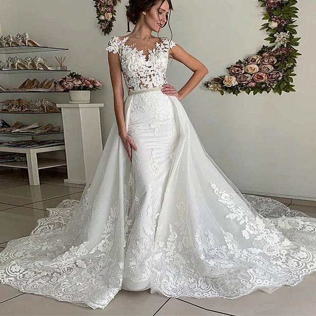 Vestidos De novia De encaje con cola De quita y pon, vestidos De novia De  sirena, vestidos De novia De Mariée, vestidos De novia De tul De talla  grande a medida -