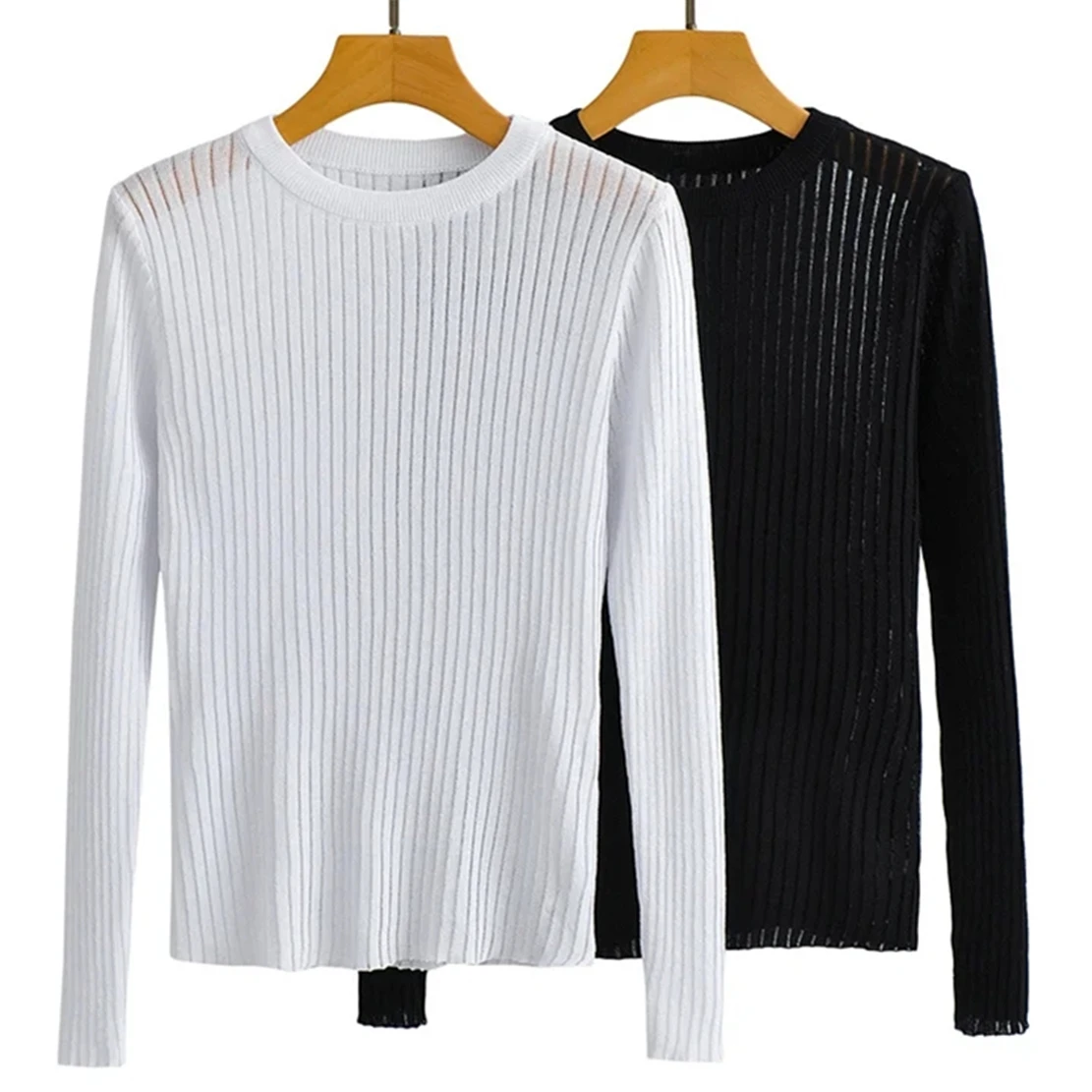 

Withered Fashion Ins Blogger High Street O-neck Rib Knitted Pure Color Sexy Hollow Out Sheath Tops Tshirts Women