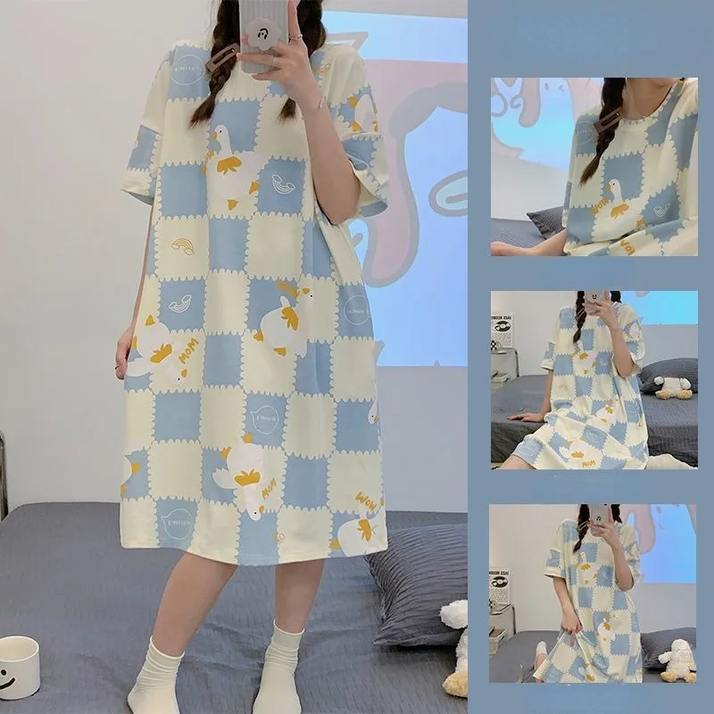 Women Summer New Nightdress Girls Japanese Cartoon Short Sleeve Mid-length Pajamas Casual Loose Sleepshirts Cute Lady Nightgowns