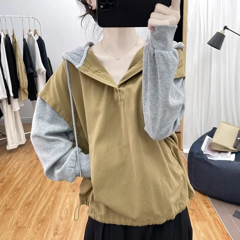 Spring Autumn Contrast Color Fashion Long Sleeve Hoodies Women High Street Button Drawstring Pullovers Elegant All-match Tops
