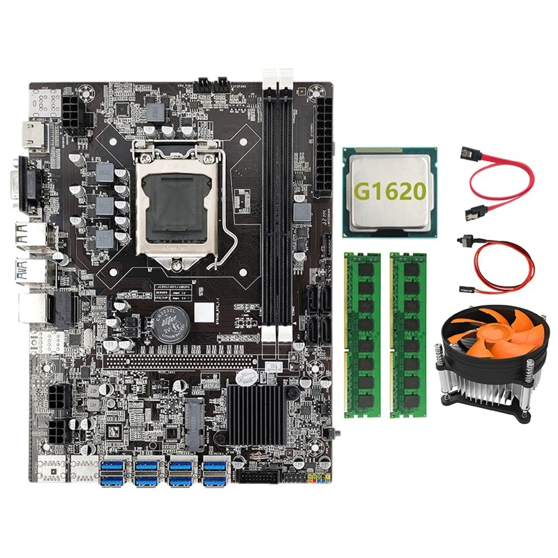 B75 BTC Mining Motherboard+G1620 CPU+2XDDR3 4GB 1600Mhz RAM+Cooling Fan LGA1155 8GPU PCI-E To USB3.0 BTC Bitcoin Miner pc motherboard cheap