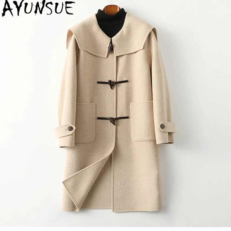 

Elegant AYUNSUE 70% Wool Coats Female Winter Fall Clothing Women Pure Color Double-sided Woolen Jacket Navy Collar Abrigo Mujer