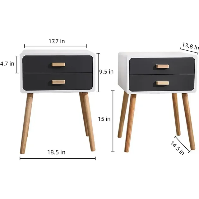 Set of 2 Nightstand End Table with 2 Storage Drawers and Solid Wooden Legs, Bedroom Living Room Furniture (Grey) 5