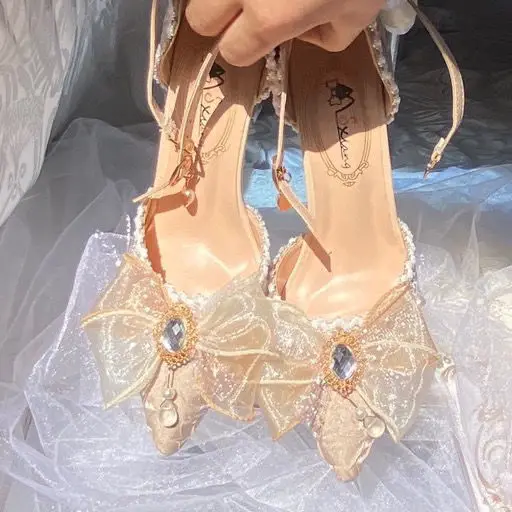 

Champagne Lolita High Heels Elegant Lolita Pointed Wedding Birthday Shoes 2023 Slingback Shoes Women Luxury Designer Sandals