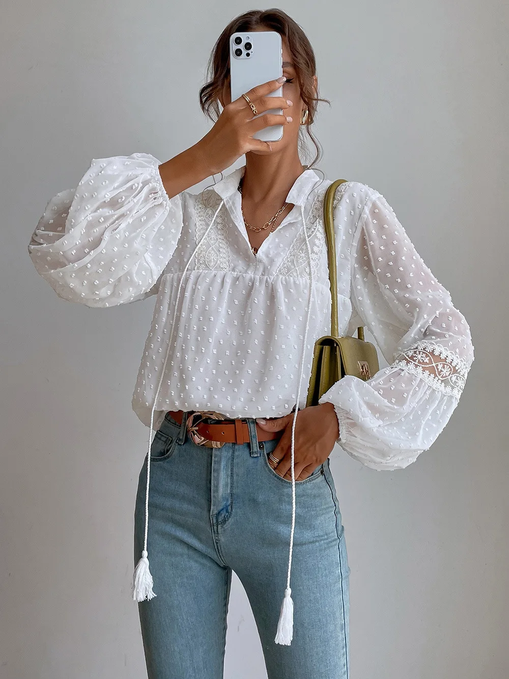 

Autumn Fashion Sexy Half Open Collar Solid Lace Women's Tops Elegant Street Style Lantern Long Sleeve Loose Commuting Tops Women