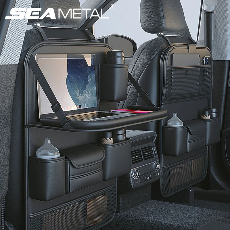 Premium PU Leather Car Seat Back Storage Bag with Tray