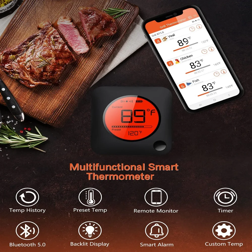 Jinutus Bluetooth Meat Food Thermometer Wireless Digital Grill Kitchen Thermometer With 6 Probes For BBQ Smoker Oven Cooking 2