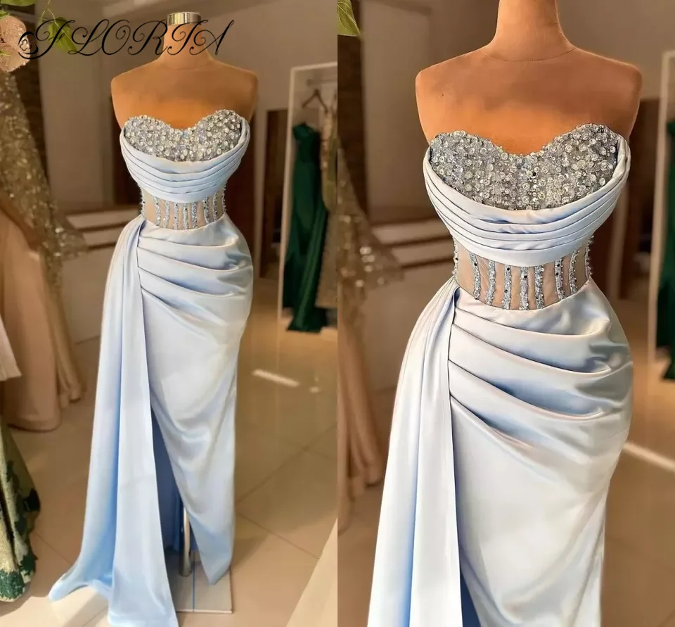 

Stunning Blue Satin Prom Dresses 2013 Crystal Beads Pleasts Formal Evening Celebrity Party Dress African Women Vestidos De Noche