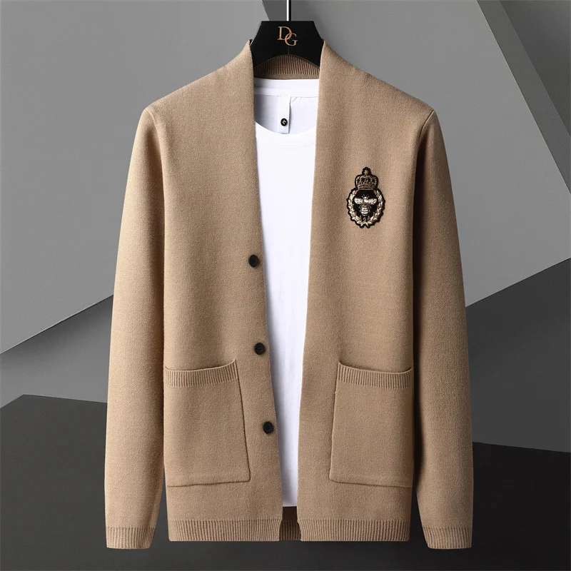 

Fall Solid Color Embroidered Hot Diamond Pattern Knitting Cardigan Man Long Sleeve Slim Sweater Cardigan Garment Coat 3Colour