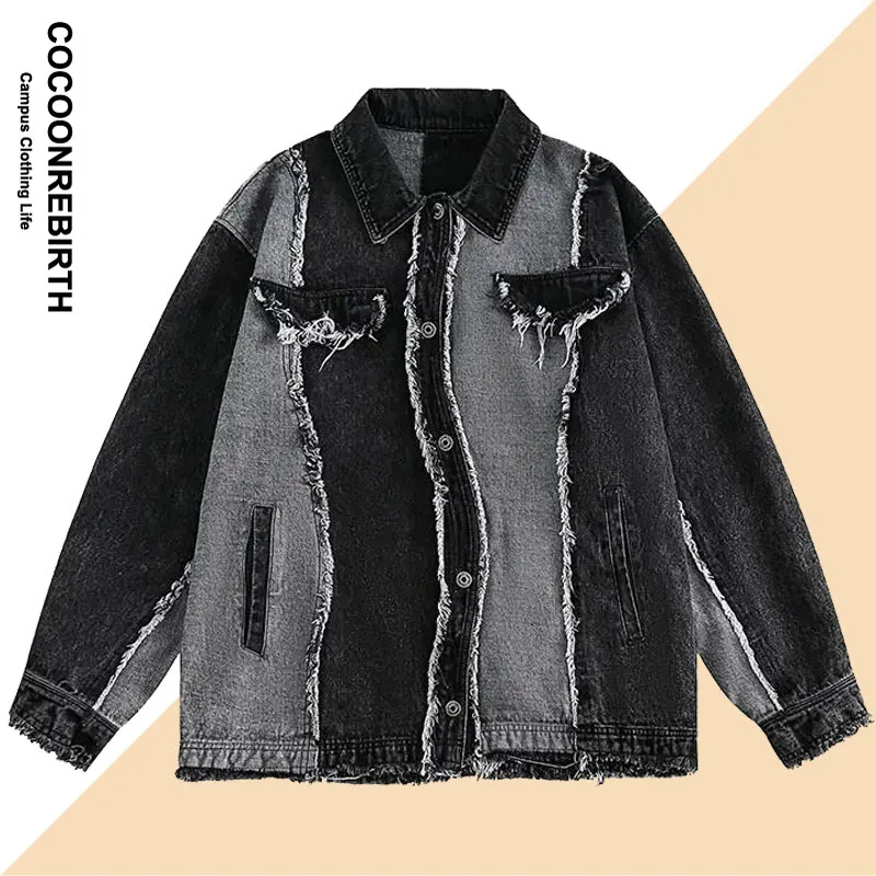 

High Street Retro Patchwork Denim Jacket Men Women Damaged Loose Cowboy Coat Spring Autumn Unisex Fashion Varsity Coats