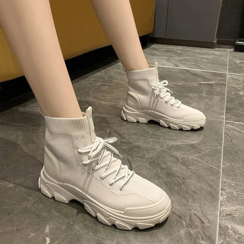 

Sock Boots Knitted Elastic Ankle Boots Thick Bottom Soft Bottom Student Casual Motorcycle Boots Women Platform Shoes Footwear