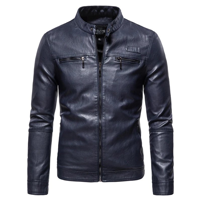 Plush men's leather jacket with stand-up collar and slim solid color PU coat with zipper male winter windproof leather jacket men's leather jacket