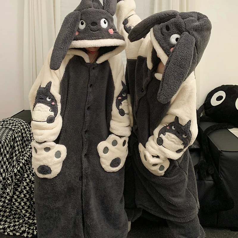 

Kigurumis Winter Woman Bathrobe Men Pajamas Coral Velvet Cartoon Cat Long Plush Hooded Thick Robe Pyjamas Couple Sleepwear