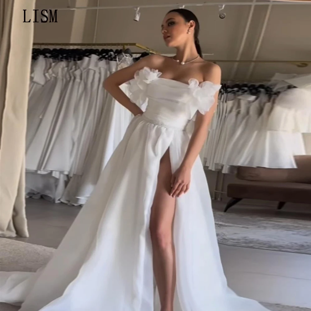 

LISM 2024 Elegant Strapless Bridal Evening Party Gowns Flowers Side Slit Chiffon Vestidos De Novia Floor Length Wedding Dress