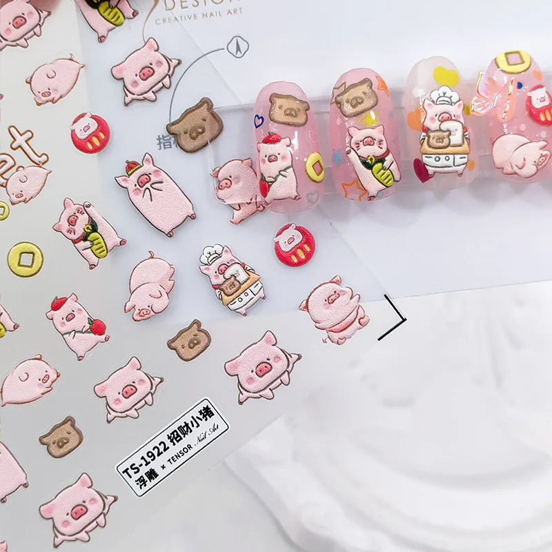 Cute Cartoon Wealthy Piglet 5D Soft Reliefs Self Adhesive Nail Art Decorations Stickers Rabbit Bear 3D Manicure Decals Wholesale 2
