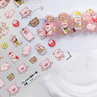 Cute Cartoon Wealthy Piglet 5D Soft Reliefs Self Adhesive Nail Art Decorations Stickers Rabbit Bear 3D Manicure Decals Wholesale 2