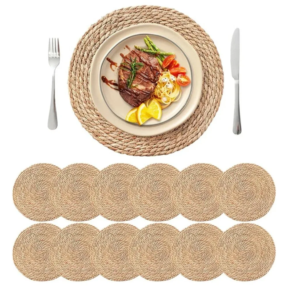 Straw Braided Round Handwoven Rattan Placemats Non-Slip Heat Resistant Heat Insulation Mats Woven Placemats Dining Table