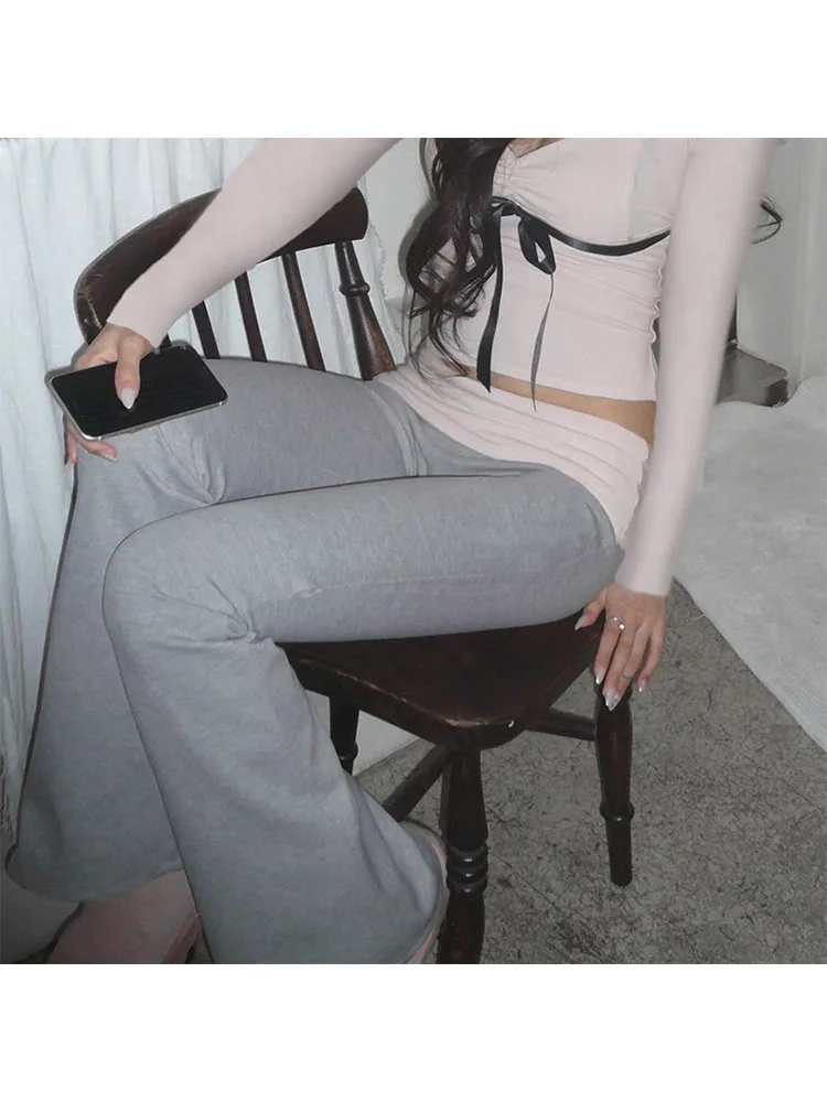 

Woman Knit Trousers Sweatpants Loose Bell Stretch Bottoms Wide Leg Patchwork Preppy Style Korean Chic Sweet Gyaru Aesthetics