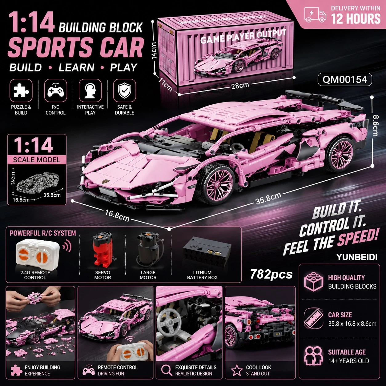 1:14 Building Block Sports Car Puzzle Assembly Static Model and Dynamic RC Racing Kit 3